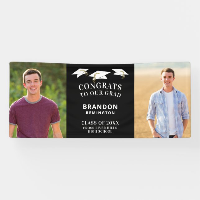 Modern CONGRATS GRAD Cap Two Photos Black Banner (Horizontal)