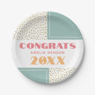 Modern Congrats Grad Gold Glitter Graduation Party Paper Plate