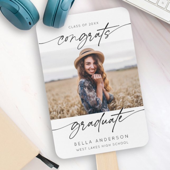Modern Congrats Grad Graduation Script Photo  Hand Fan (Creator Uploaded)