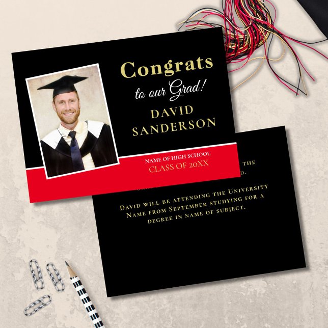 Modern Congrats Grad Photo Name Gold Black Red Announcement (Front and Back View)