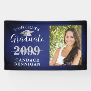 Modern Congrats Grad Photo Navy Blue Silver Banner