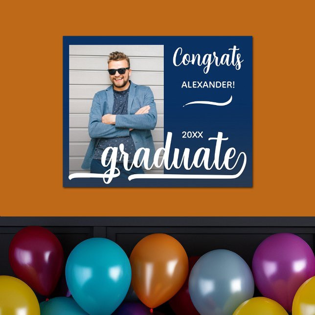 Modern Congrats Graduation Photo Blue Poster (Modern congrats blue graduation poster with your photo)