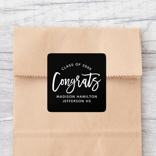 Modern Congrats Script Black Graduation Square Sticker (Creator Uploaded)