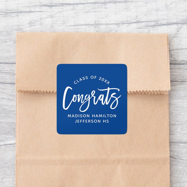 Modern Congrats Script Blue Graduation Square Sticker (Creator Uploaded)