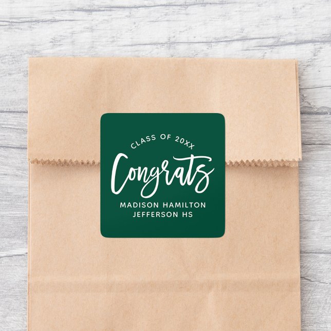 Modern Congrats Script Green Graduation Square Sticker (Creator Uploaded)