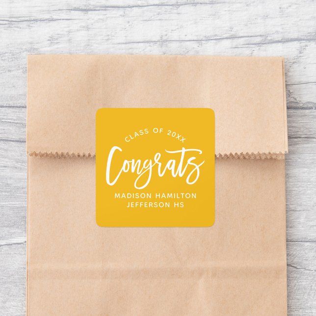 Modern Congrats Script Yellow Graduation Square Sticker (Creator Uploaded)