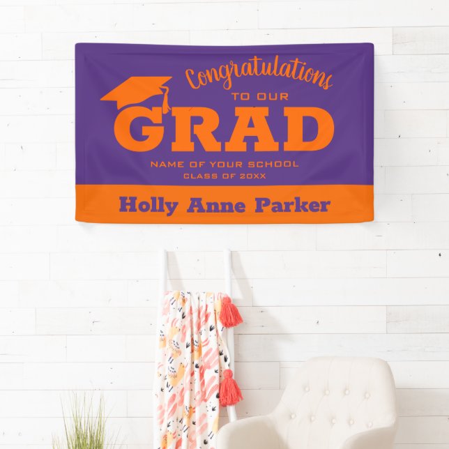 Modern Congratulations Grad Orange on Purple Banner (Insitu)