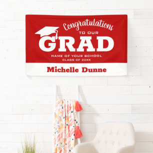 Modern Congratulations Grad White on Scarlet Red Banner