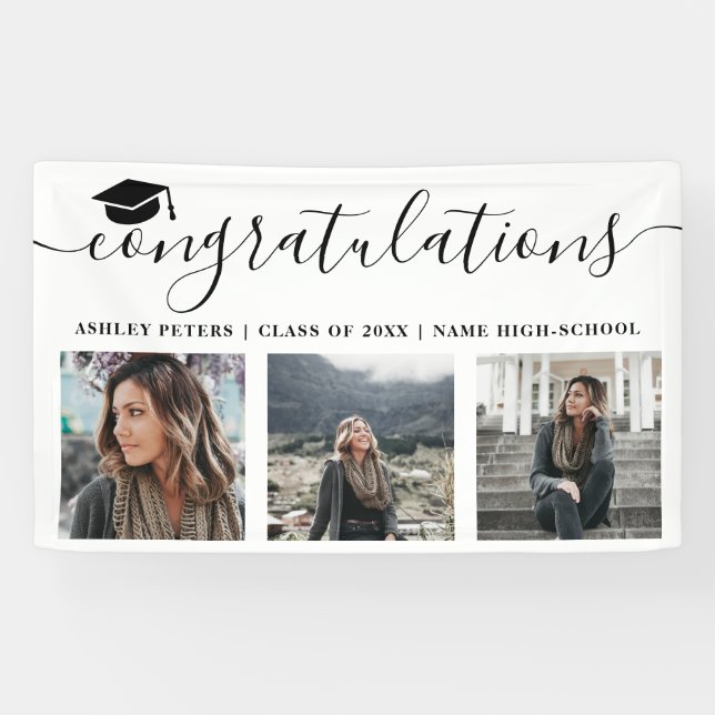 Modern congratulations script 3 photos black white banner (Horizontal)