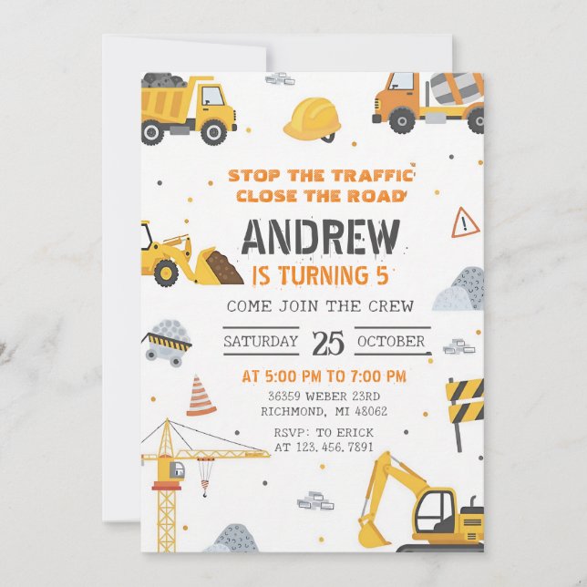 Modern Construction Birthday Invitation (Front)