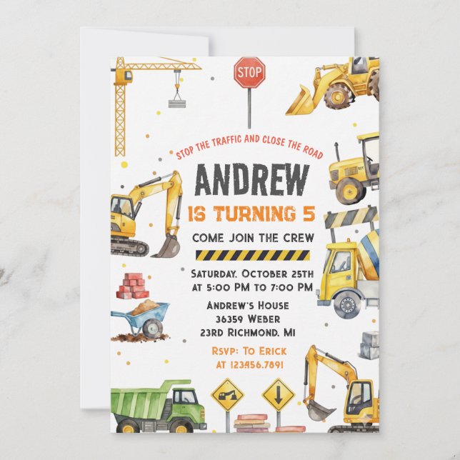 Modern Construction Birthday Party custom image Invitation (Front)