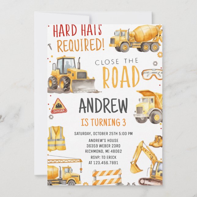 Modern Construction Birthday Party Invitation (Front)