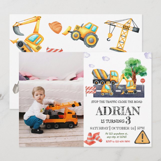 Modern Construction Birthday Photo Invitation (Front/Back)