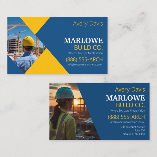 Modern Construction Company Photo Blue & Yellow Business Card (Front/Back)