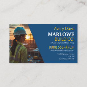 Modern Construction Company Photo Blue & Yellow Business Card