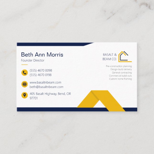 Modern Construction Contractor Navy Yellow Business Card (Front)