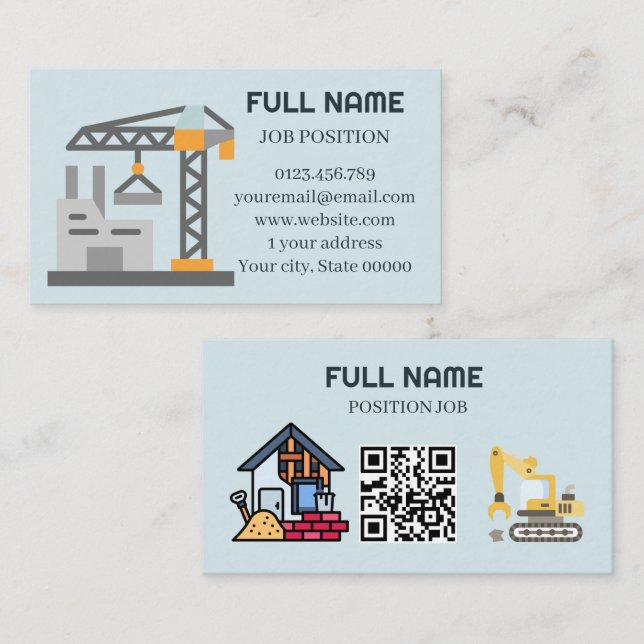 Modern Construction Contractor QR Code Light Blue Business Card (Front/Back)