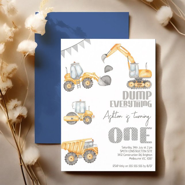 Modern Construction Dump Truck 1st Birthday Invitation (Creator Uploaded)