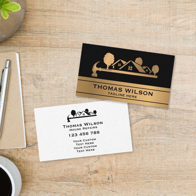 Modern Construction Handyman Carpenter Tools Gold Business Card (modern handyman business cards with gold houses logo)