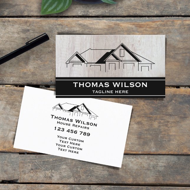 Modern Construction Handyman Carpenter Tools Wood  Business Card (house roof logo repair)