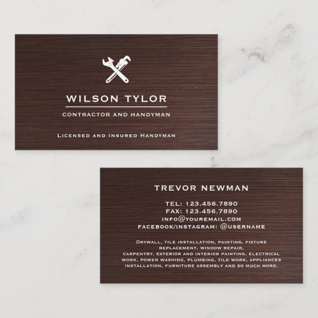 Modern Construction Handyman Tools Wood Business Card (Front/Back)