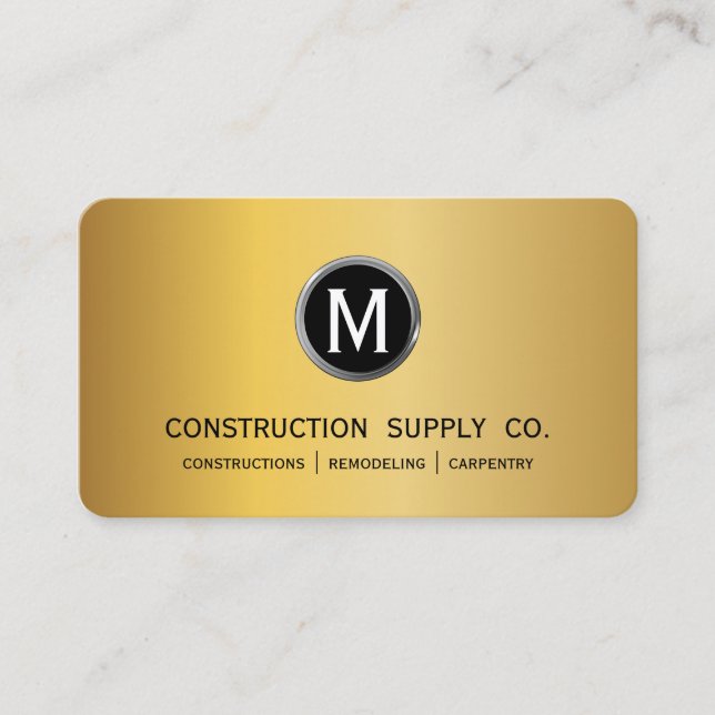 Modern Construction Monogram LOGO Black Gold Metal Business Card (Front)