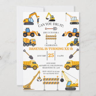 Modern Construction Simple Kid's Birthday Invitation