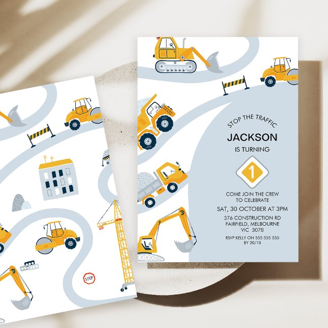 Modern Construction Stop The Traffic 1st Birthday  Invitation (Modern Boys Construction 1st Birthday Invitation, Stop the Traffic 1st Birthday Invitation, Grey)