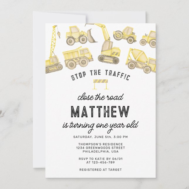 Modern Construction Truck First Birthday Invitation (Front)