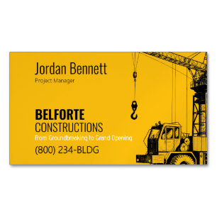 Modern Construction Yellow & Crane Design Magnetic Business Card