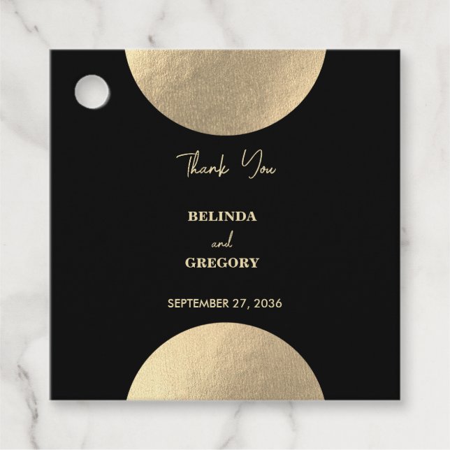 Modern Contemporary Black & Gold Abstract Wedding Favour Tags (Front)