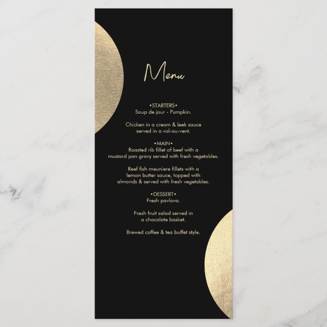 Modern Contemporary Black & Gold Abstract Wedding Menu (Front)