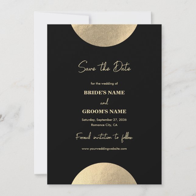 Modern Contemporary Black & Gold Abstract Wedding Save The Date (Front)
