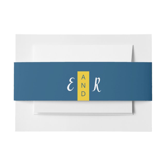 Modern Contemporary blue & yellow wedding monogram Invitation Belly Band (Front Example)