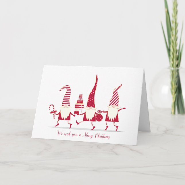 Modern contemporary Christmas gnomes greeting card (Front)