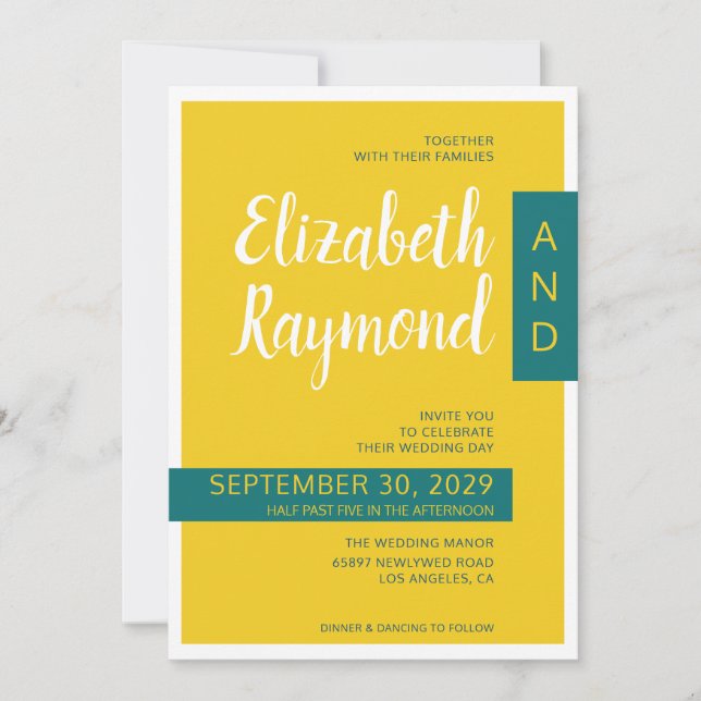Modern contemporary green & yellow minimal wedding invitation (Front)