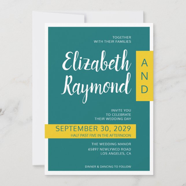 Modern contemporary green & yellow minimal wedding invitation (Front)