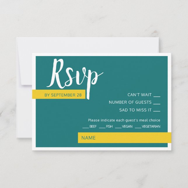 Modern Contemporary green & yellow wedding minimal RSVP Card (Front)