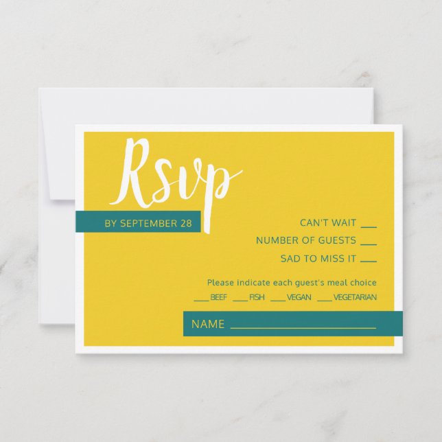 Modern Contemporary green & yellow wedding minimal RSVP Card (Front)