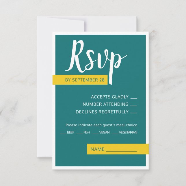 Modern Contemporary green & yellow wedding minimal RSVP Card (Front)