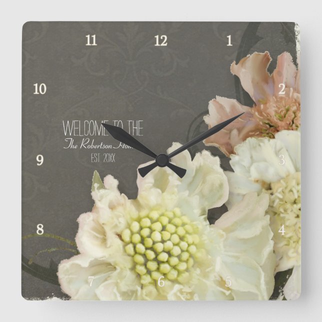 Modern Contemporary Painterly Pincushion Flowers Square Wall Clock (Front)