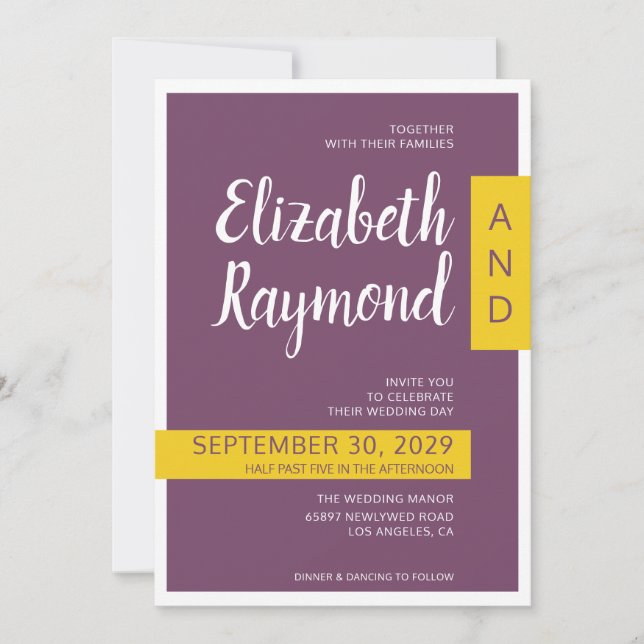 Modern Contemporary purple yellow minimal wedding  Invitation (Front)