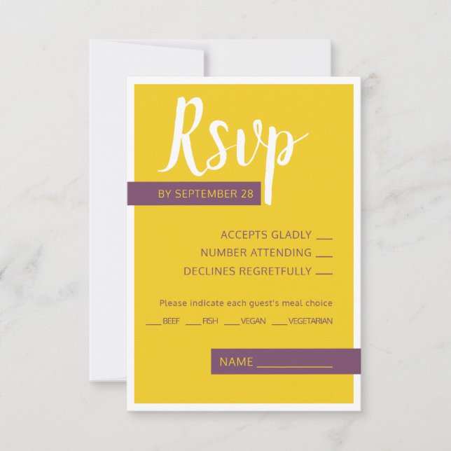 Modern Contemporary purple yellow wedding minimal RSVP Card (Front)