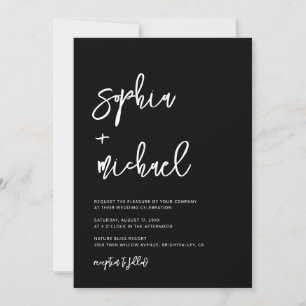 Modern Contemporary Script Black White Wedding Invitation