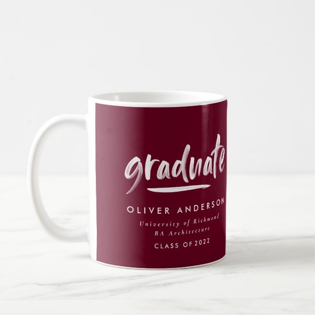 Modern contemporary script burgundy graduation coffee mug (Left)