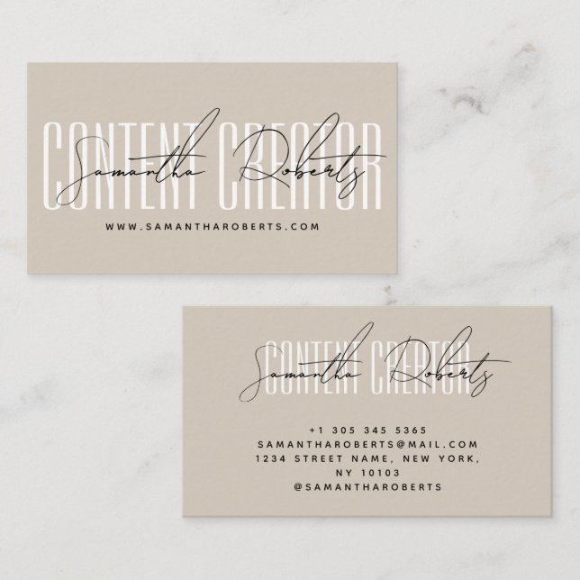 Modern content creator influencer beige business card (Front/Back)