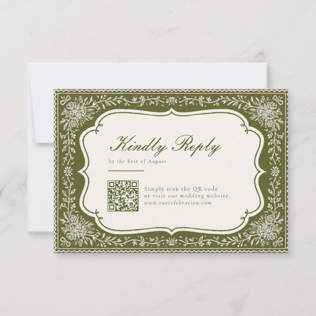 Modern Continental Olive Wedding QR Code RSVP Card (Front)