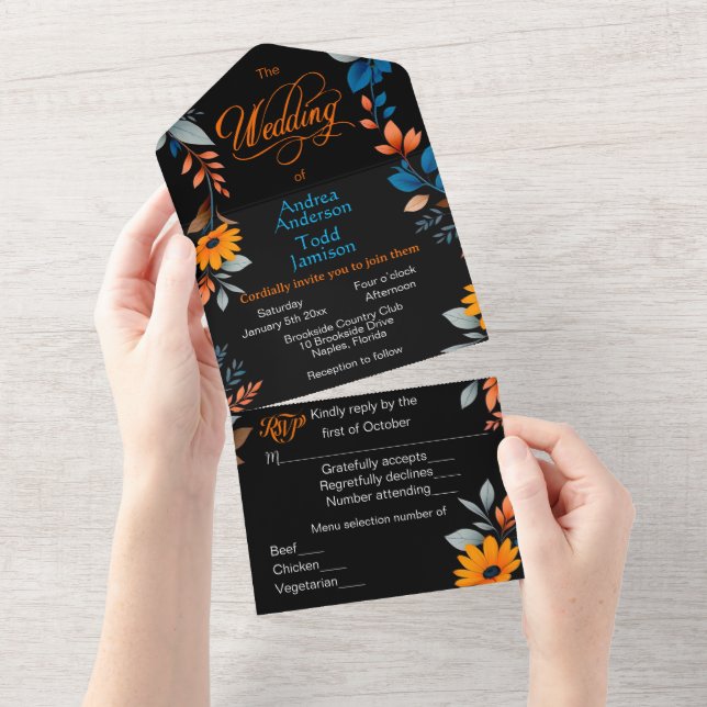 Modern contrasting  colours against black wedding all in one invitation (Tearaway)