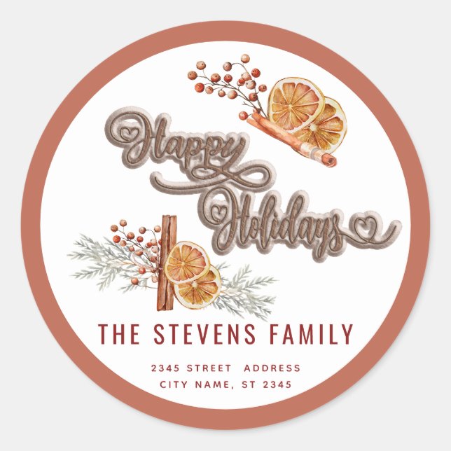 Modern cookie script happy holiday cinnamon orange classic round sticker (Front)