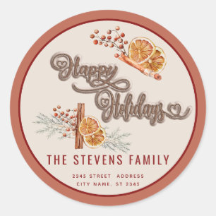 Modern cookie script happy holiday cinnamon orange classic round sticker